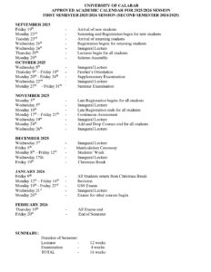 UNICAL Academic Calendar 2025 2026 pdf